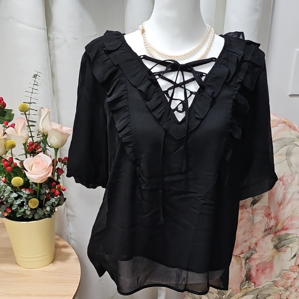 LOFT Black Ruffled Lace-Up Blouse